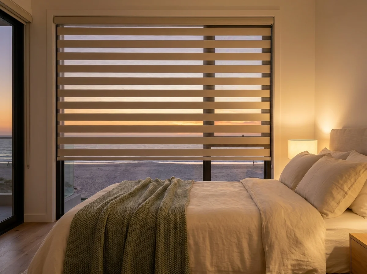 Day/night zebra blind with sheer and solid bands offset for privacy in a Strand beachfront bedroom at dusk