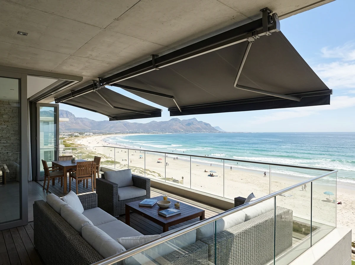 Pair of folding-arm awnings run out from a concrete soffit over a Strand beachfront balcony, shading the seating while the beach and bay stay in full view