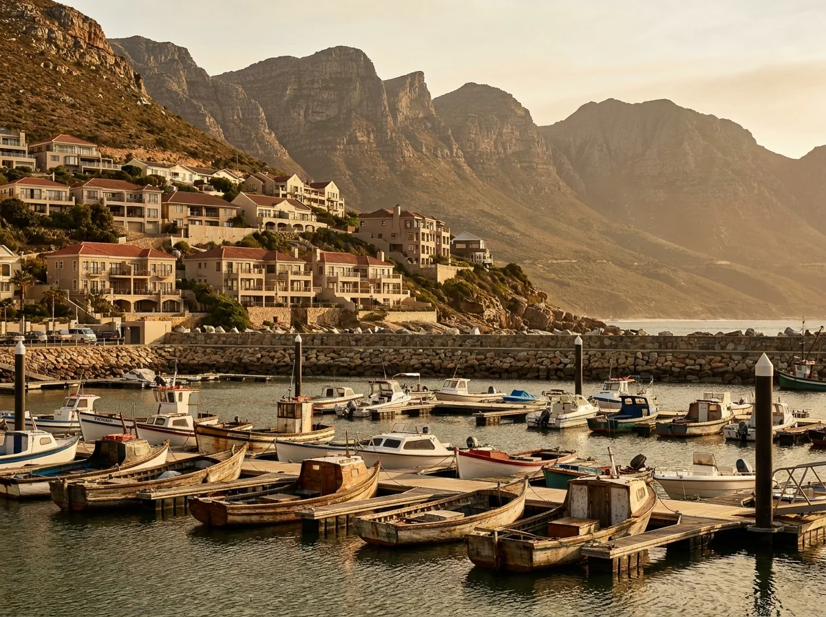Gordon's Bay small-craft harbour with fishing boats and mountainside homes rising behind the harbour wall
