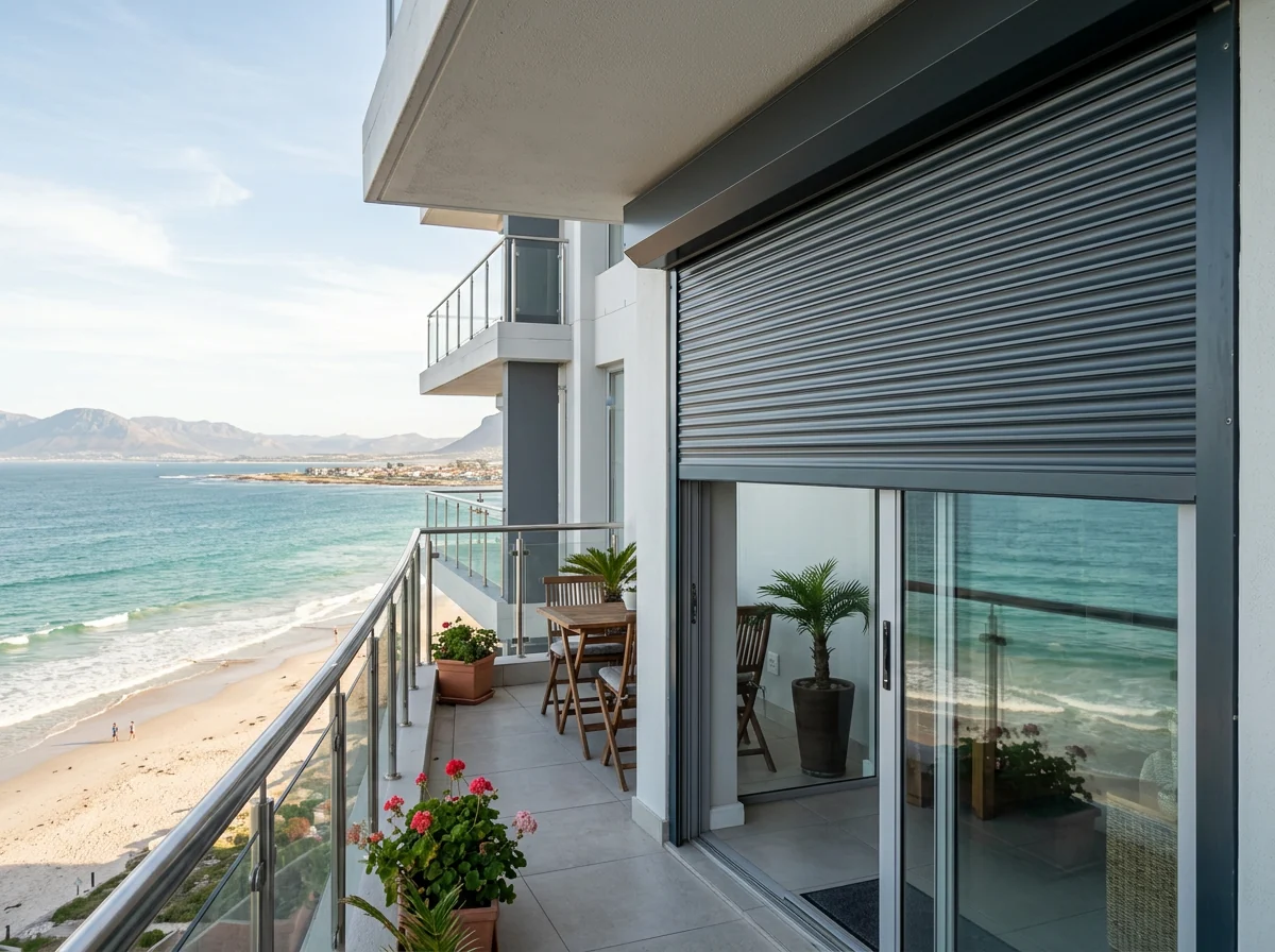 Aluminium roller shutter lowered halfway over a sliding door on a Strand beachfront balcony, ocean visible beyond — shading, not security