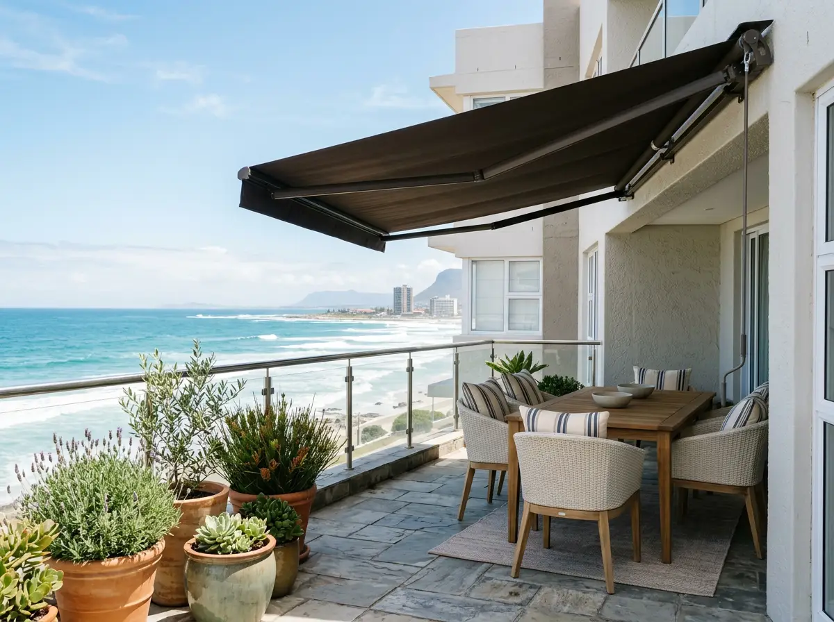 Retractable fabric awning extended over a Strand beachfront balcony with wicker outdoor dining set and ocean view