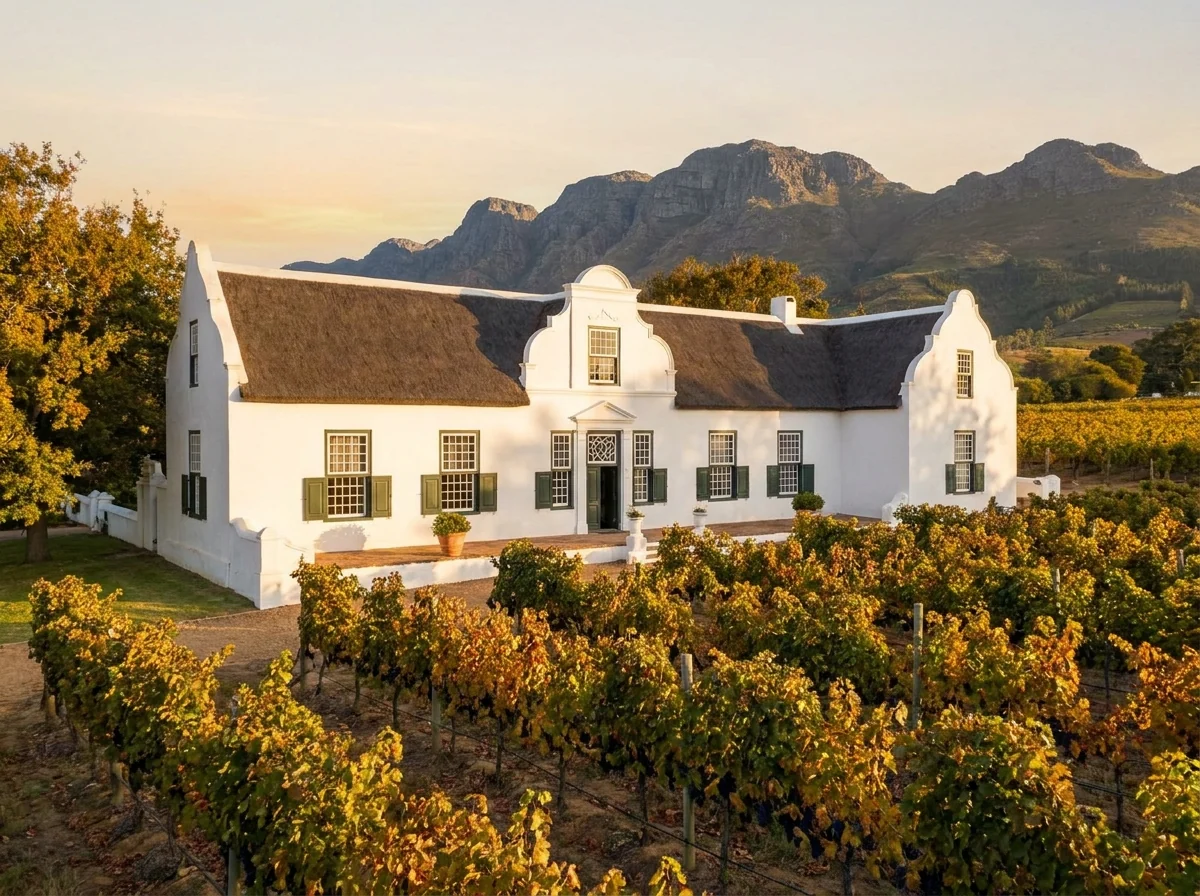 Whitewashed Cape Dutch-style homestead surrounded by vineyard rows near Stellenbosch