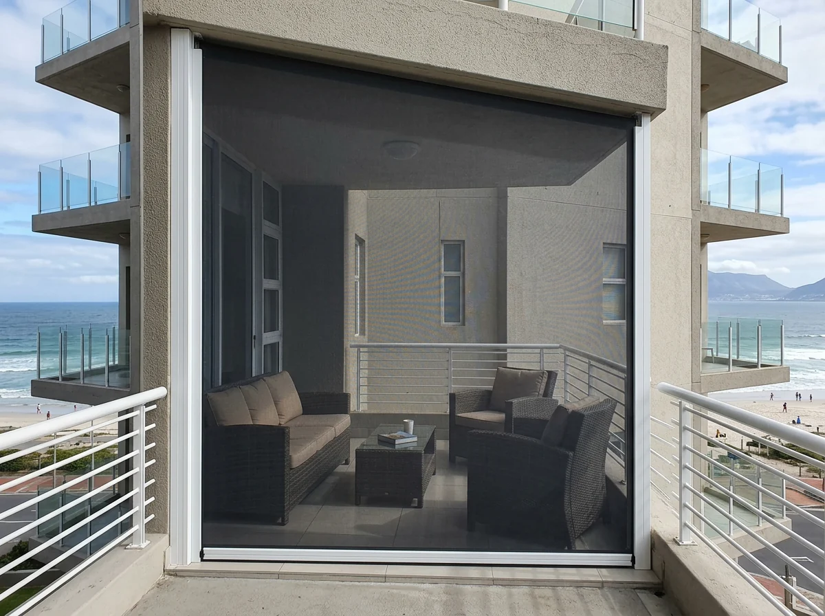 Zip-track outdoor screen lowered in its aluminium channels on a Strand beachfront balcony, ocean visible through the mesh