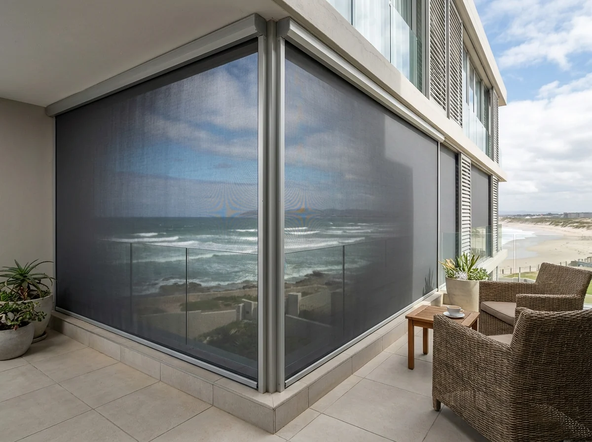 Corner beachfront apartment balcony in Strand enclosed by taut zip-track outdoor screens, ocean visible through the mesh